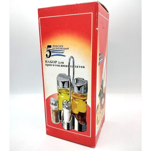 Salad Set 5 Piece Oil Vinegar Salt Pepper Caddy Oldtyme Still Sealed Inside Box - Picture 8 of 11